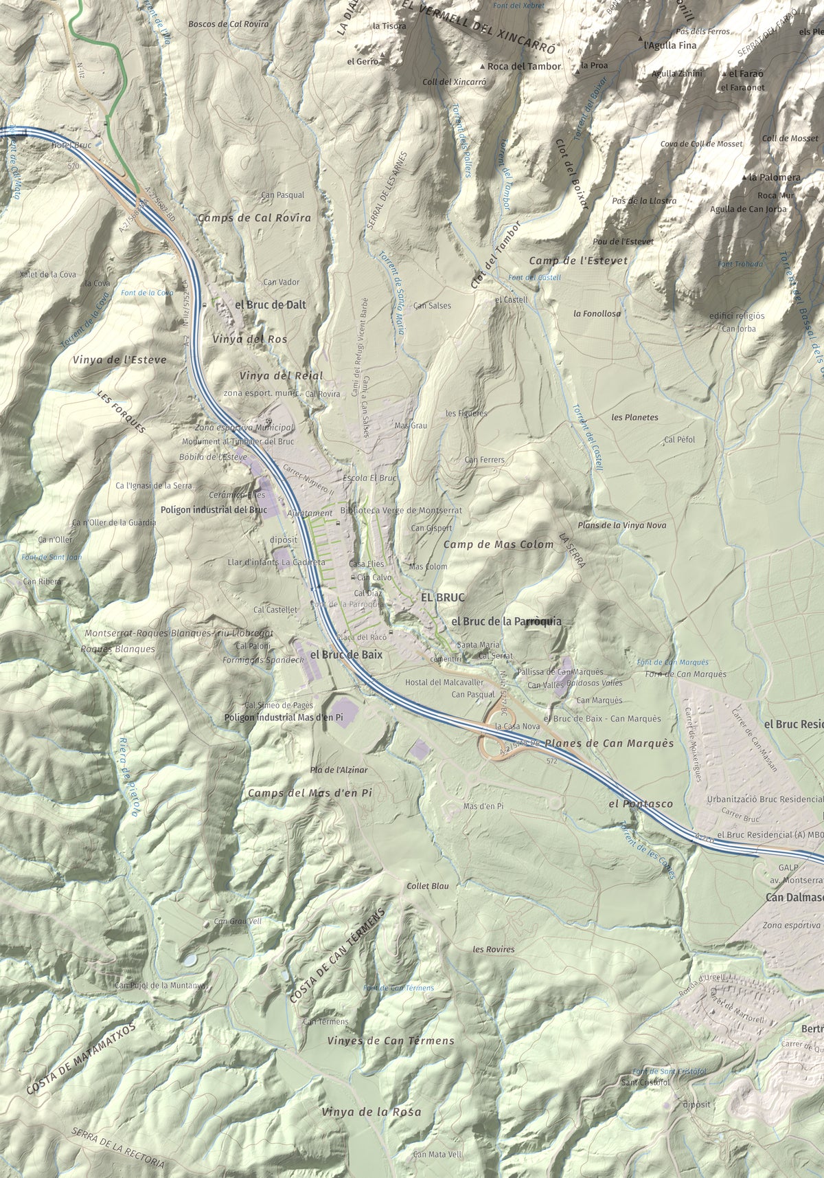 Mapa de relieve de Montgròs, 1133 m, Anoia, lámina 100 Cims de Trobart. Detalle de la zona inferior izquierda. 70 × 100 cm.