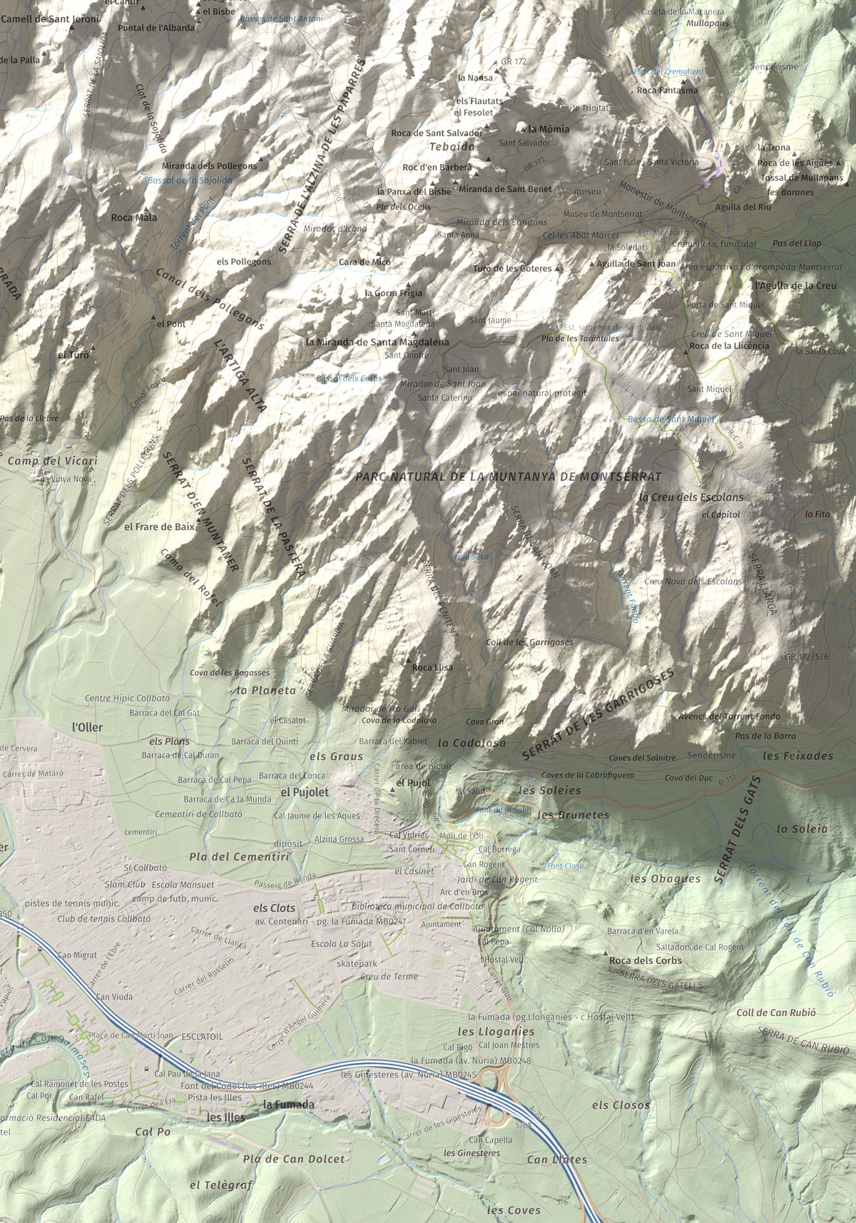 Mapa de relieve de Montgròs, 1133 m, Anoia, lámina 100 Cims de Trobart. Detalle de la zona inferior derecha. 70 × 100 cm.