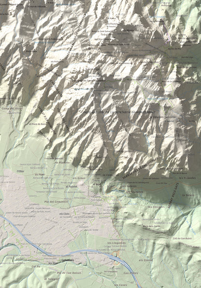 Mapa de relieve de Montgròs, 1133 m, Anoia, lámina 100 Cims de Trobart. Detalle de la zona inferior derecha. 70 × 100 cm.