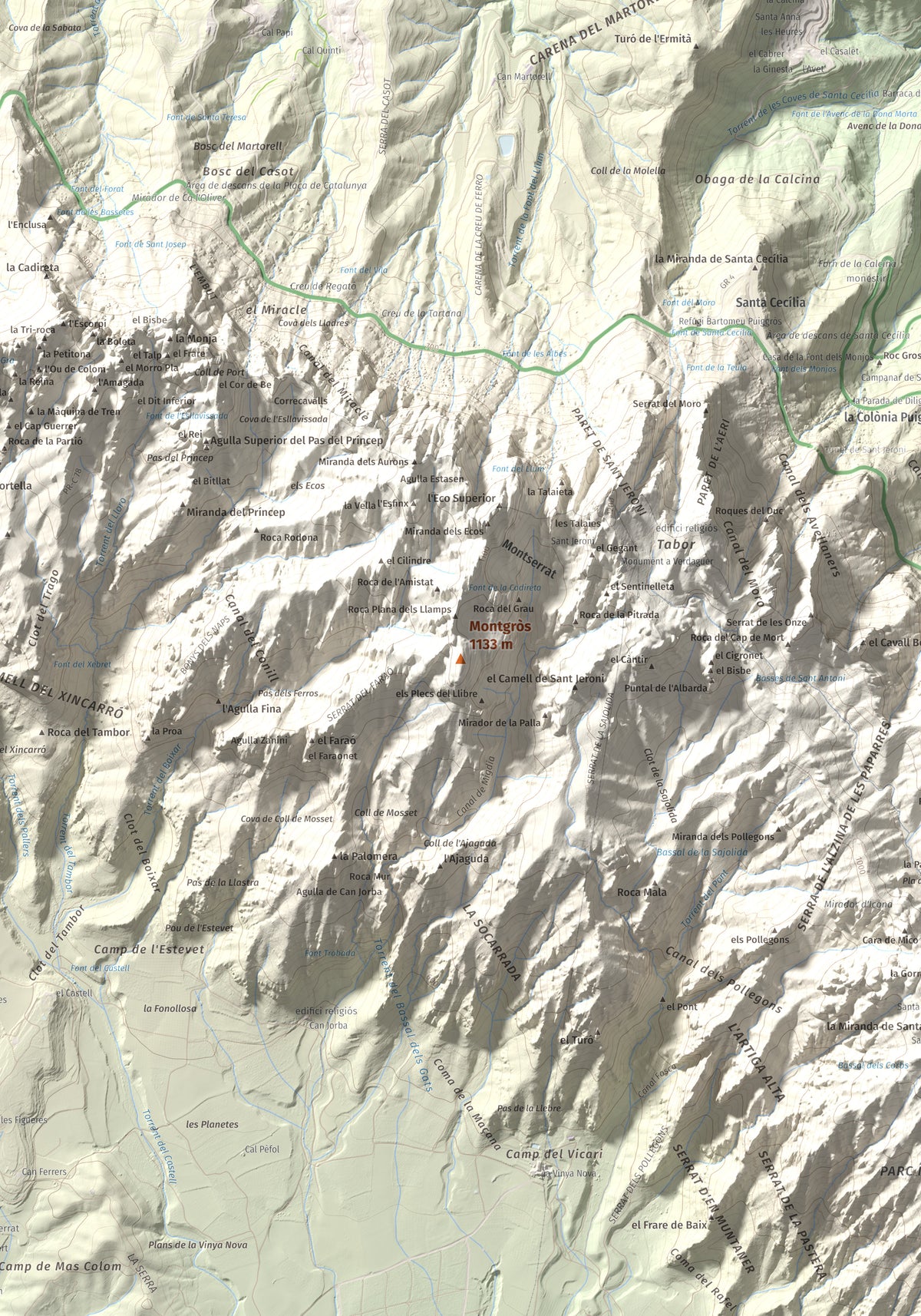 Mapa de relieve de Montgròs, 1133 m, Anoia, lámina 100 Cims de Trobart. Detalle de la zona central. 70 × 100 cm.