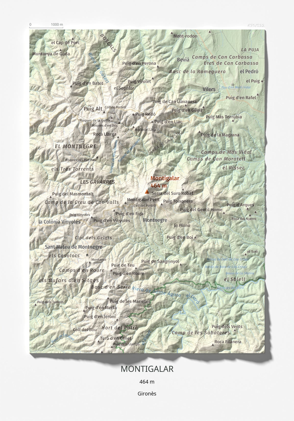 Mapa de relieve de Montigalar, 464 m, Gironès, lámina 100 Cims de Trobart 21 × 30 cm.