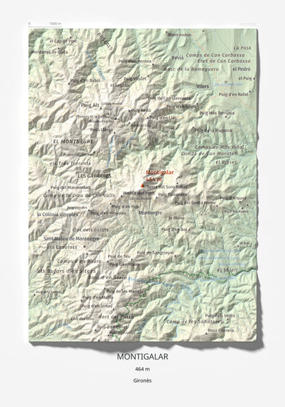 Mapa de relieve de Montigalar, 464 m, Gironès, lámina 100 Cims de Trobart 21 × 30 cm.