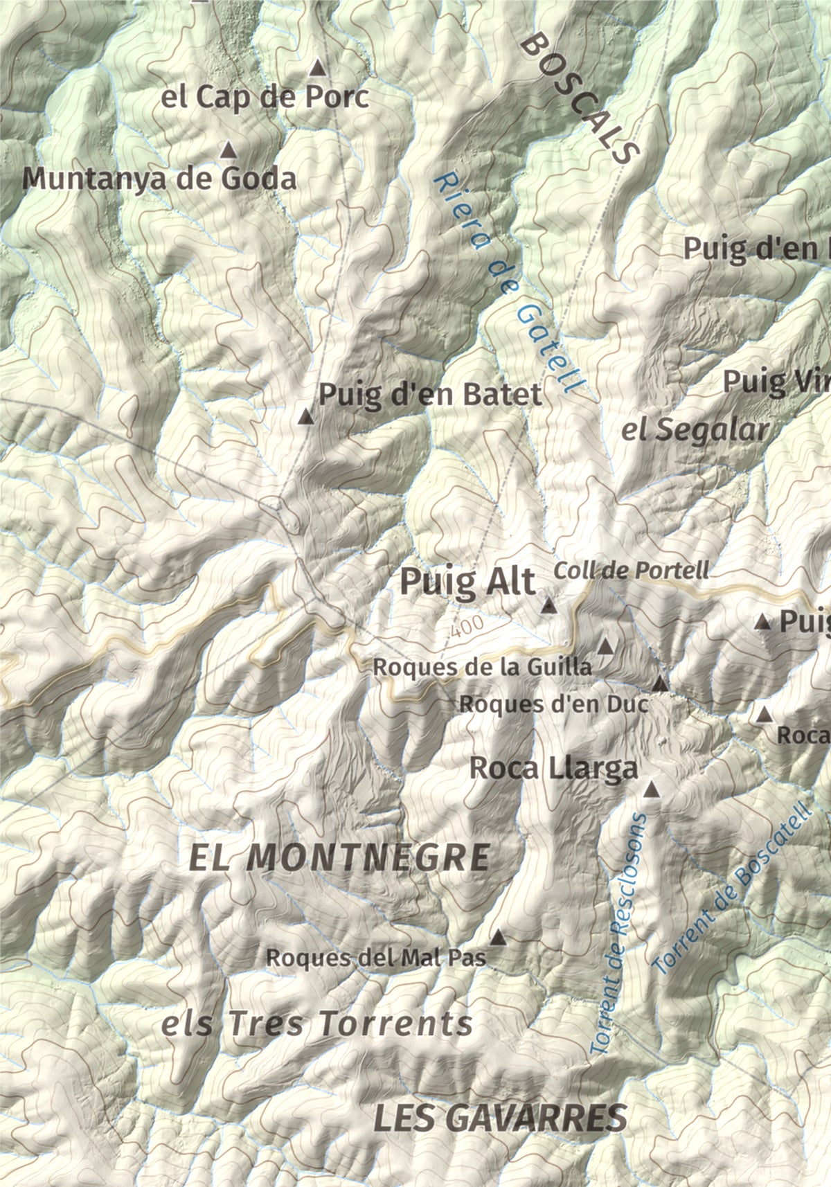 Mapa de relieve de Montigalar, 464 m, Gironès, lámina 100 Cims de Trobart. Detalle de la zona superior izquierda. 21 × 30 cm.