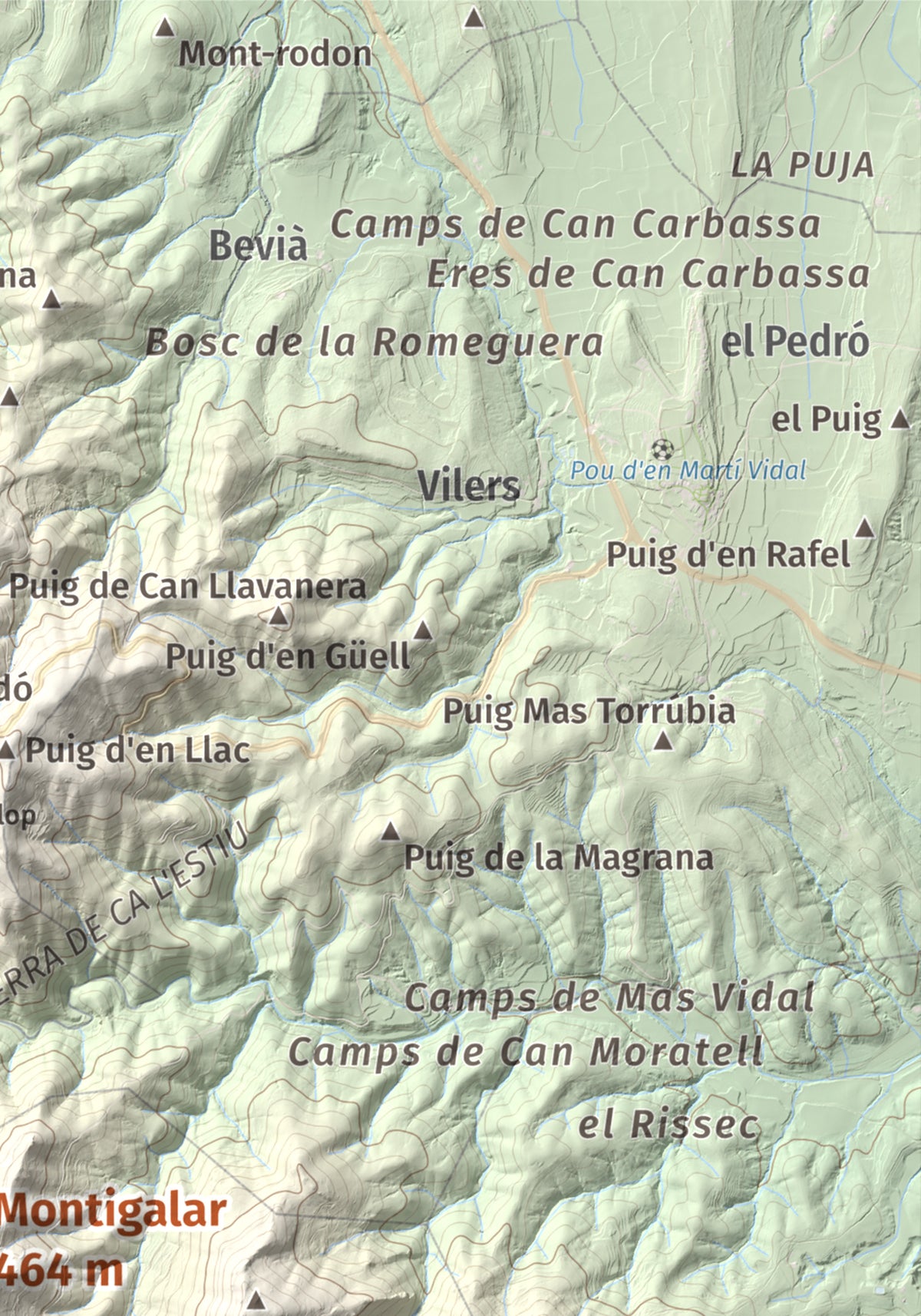 Mapa de relieve de Montigalar, 464 m, Gironès, lámina 100 Cims de Trobart. Detalle de la zona superior derecha. 21 × 30 cm.