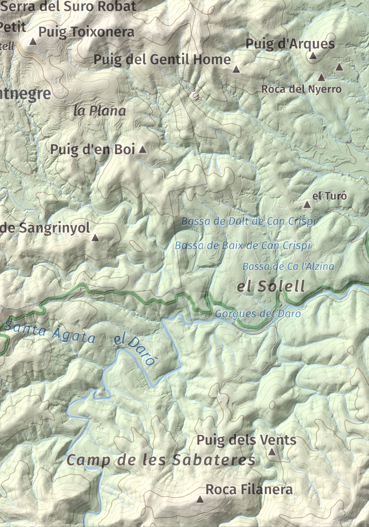 Mapa de relieve de Montigalar, 464 m, Gironès, lámina 100 Cims de Trobart. Detalle de la zona inferior derecha. 21 × 30 cm.