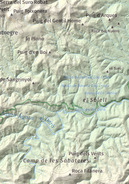 Mapa de relieve de Montigalar, 464 m, Gironès, lámina 100 Cims de Trobart. Detalle de la zona inferior derecha. 21 × 30 cm.