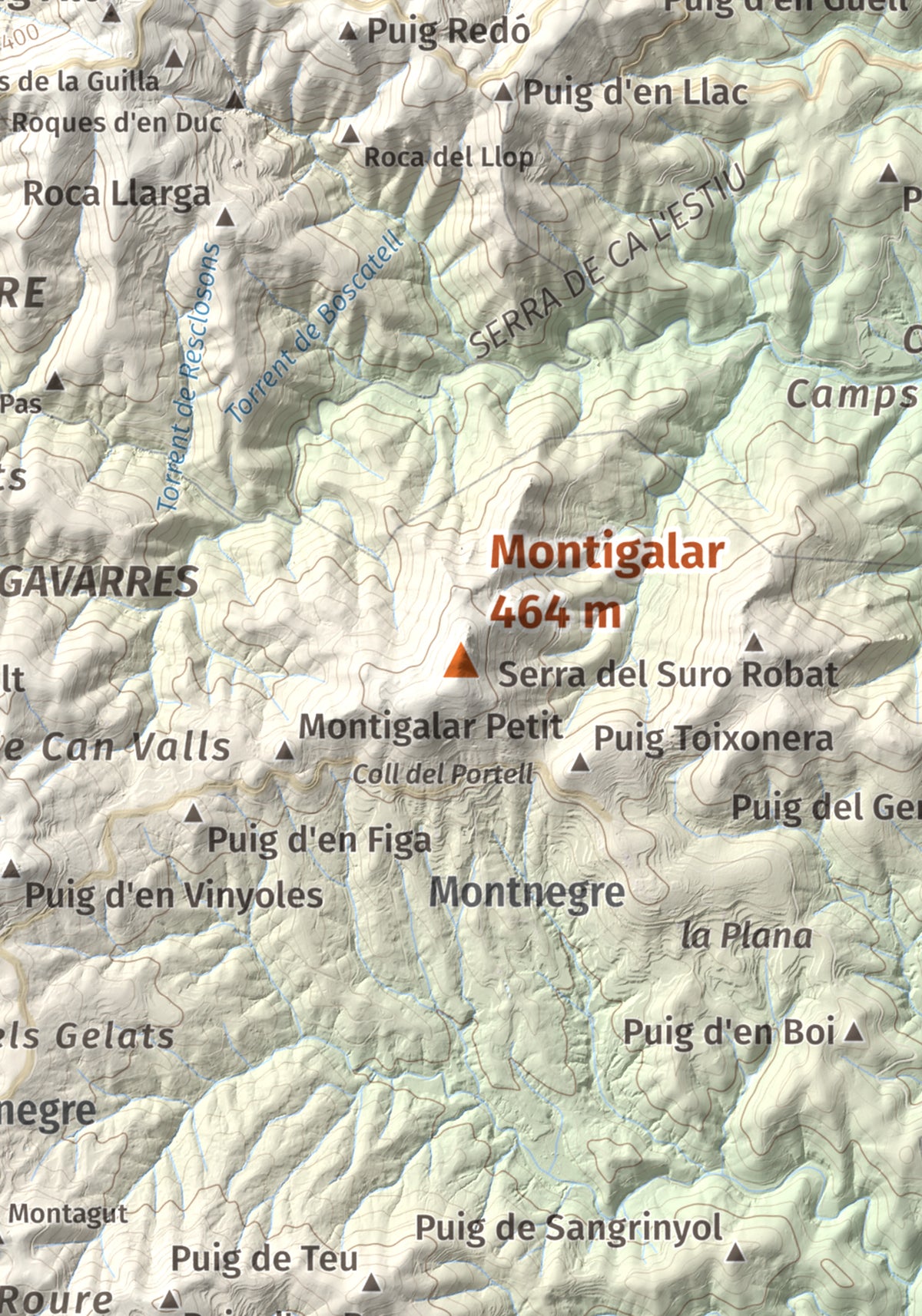 Mapa de relieve de Montigalar, 464 m, Gironès, lámina 100 Cims de Trobart. Detalle de la zona central. 21 × 30 cm.