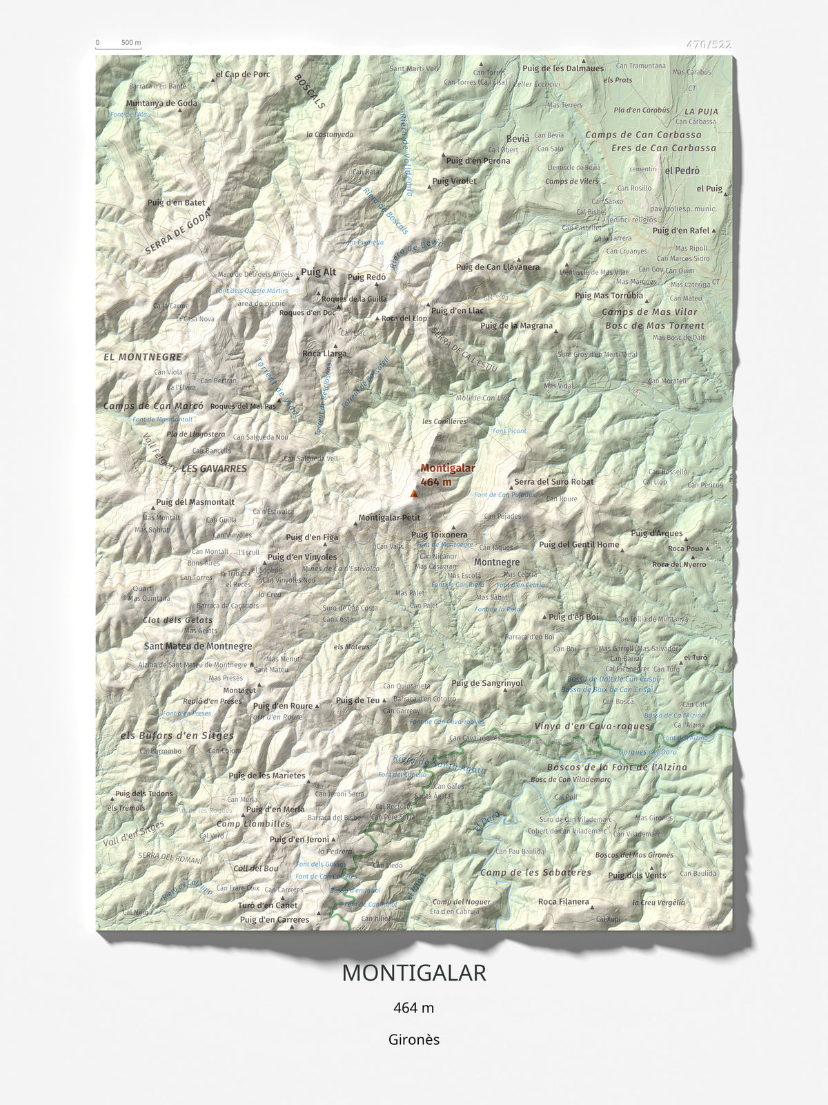 Mapa de relieve de Montigalar, 464 m, Gironès, lámina 100 Cims de Trobart 30 × 40 cm.