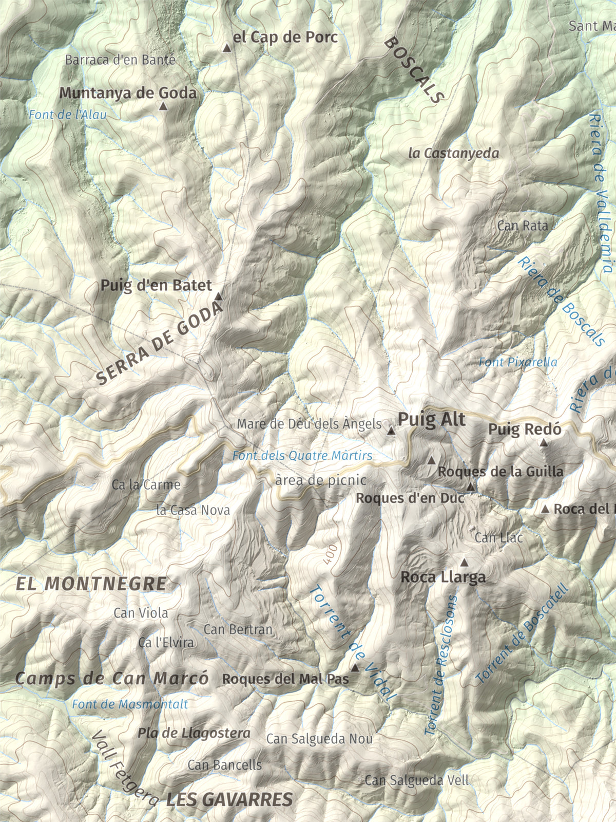 Mapa de relieve de Montigalar, 464 m, Gironès, lámina 100 Cims de Trobart. Detalle de la zona superior izquierda. 30 × 40 cm.