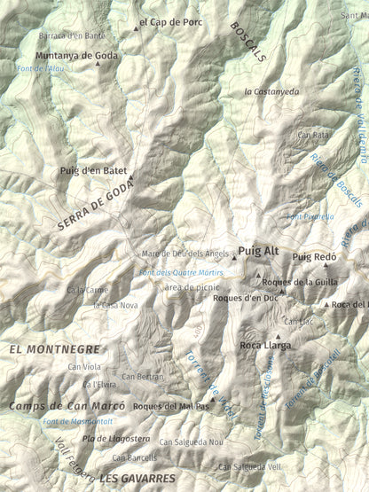 Mapa de relieve de Montigalar, 464 m, Gironès, lámina 100 Cims de Trobart. Detalle de la zona superior izquierda. 30 × 40 cm.