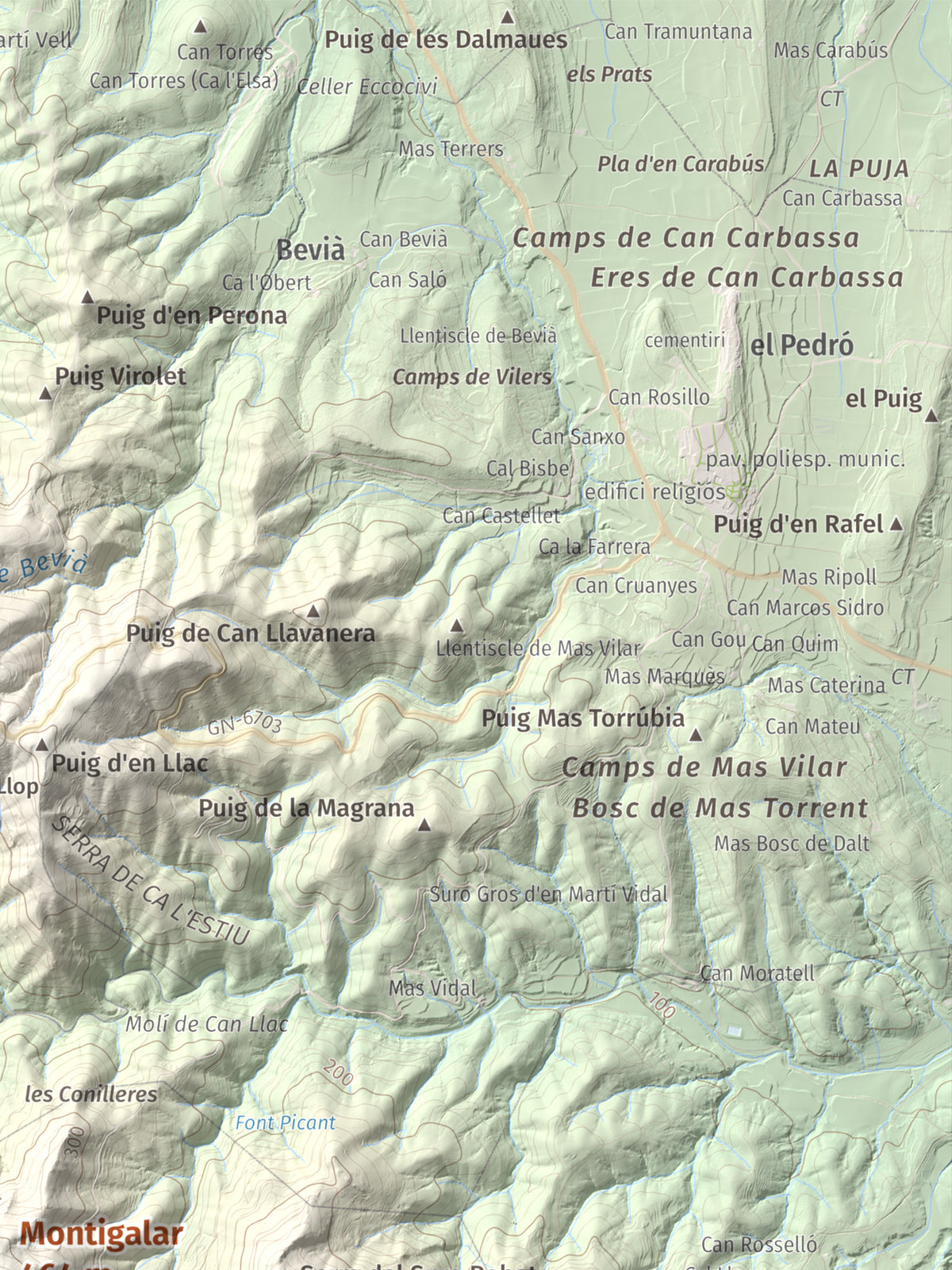 Mapa de relieve de Montigalar, 464 m, Gironès, lámina 100 Cims de Trobart. Detalle de la zona superior derecha. 30 × 40 cm.