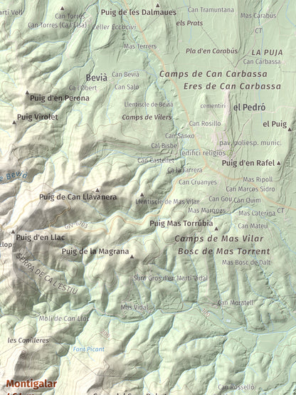Mapa de relieve de Montigalar, 464 m, Gironès, lámina 100 Cims de Trobart. Detalle de la zona superior derecha. 30 × 40 cm.