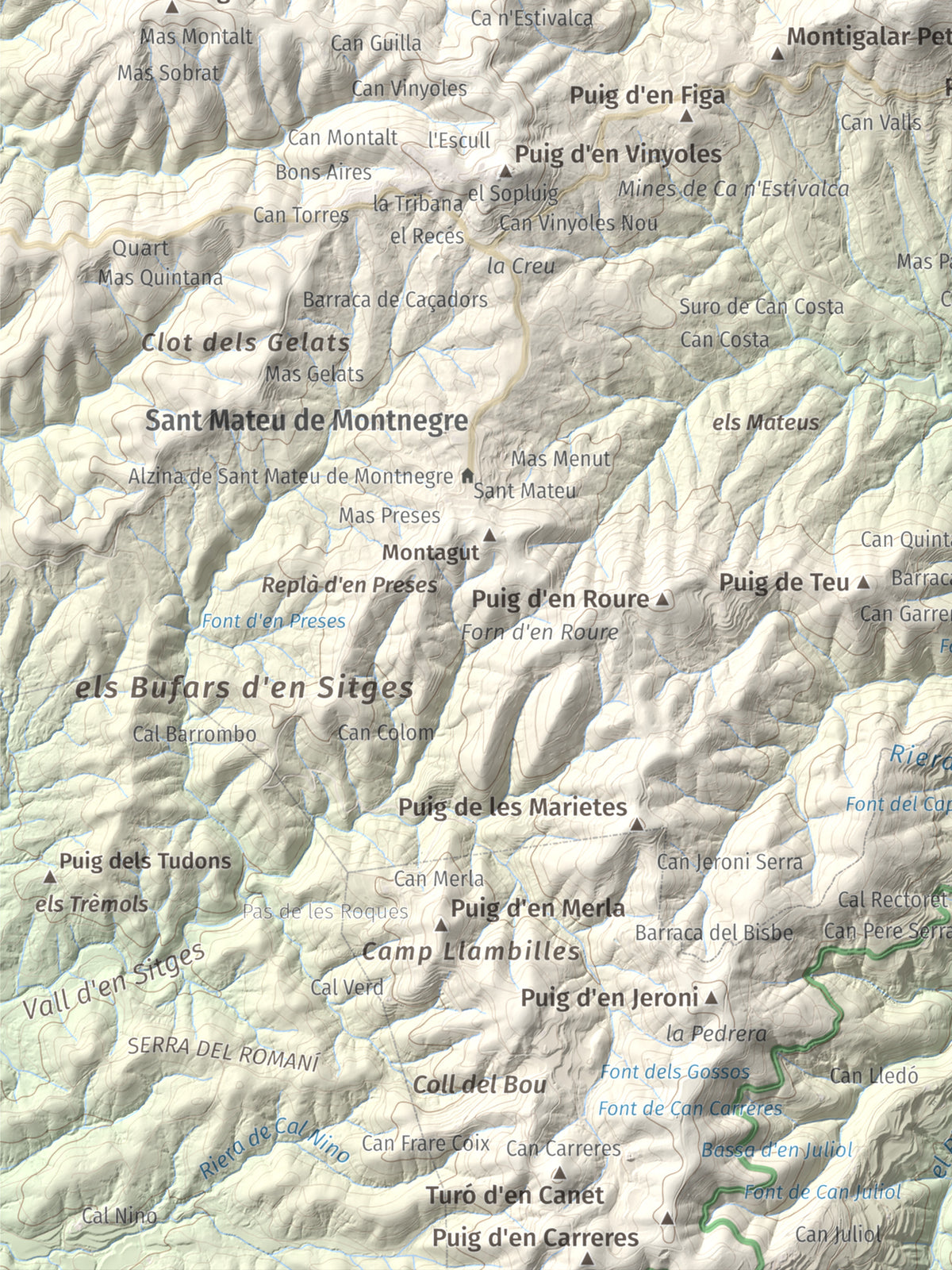Mapa de relieve de Montigalar, 464 m, Gironès, lámina 100 Cims de Trobart. Detalle de la zona inferior izquierda. 30 × 40 cm.