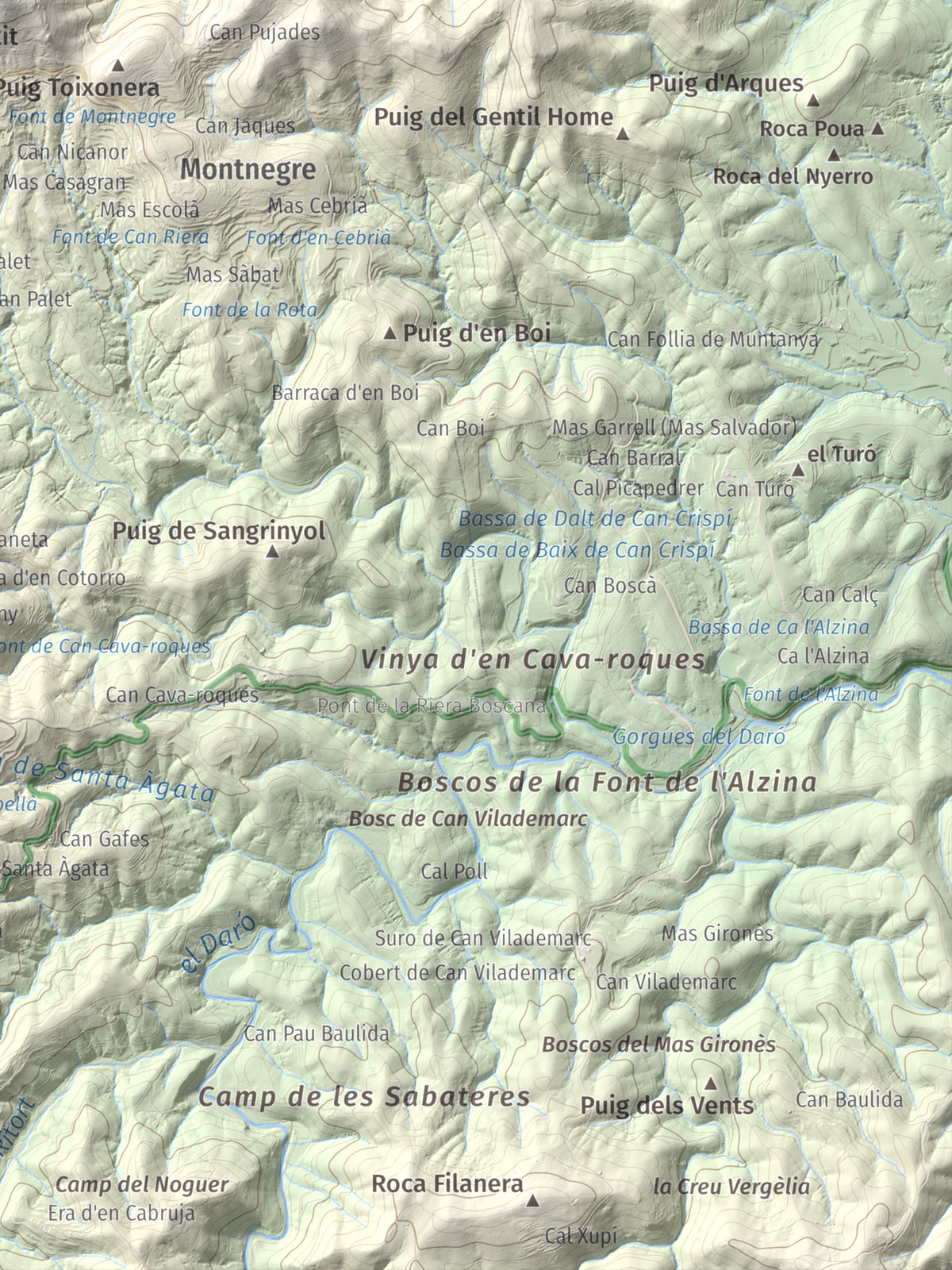 Mapa de relieve de Montigalar, 464 m, Gironès, lámina 100 Cims de Trobart. Detalle de la zona inferior derecha. 30 × 40 cm.