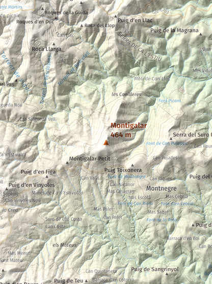 Mapa de relieve de Montigalar, 464 m, Gironès, lámina 100 Cims de Trobart. Detalle de la zona central. 30 × 40 cm.