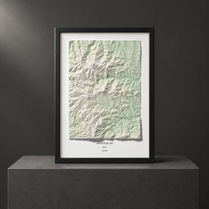 Mapa de relieve de Montigalar, 464 m, Gironès, lámina 100 Cims de Trobart. Presentación enmarcada. 50 × 70 cm.