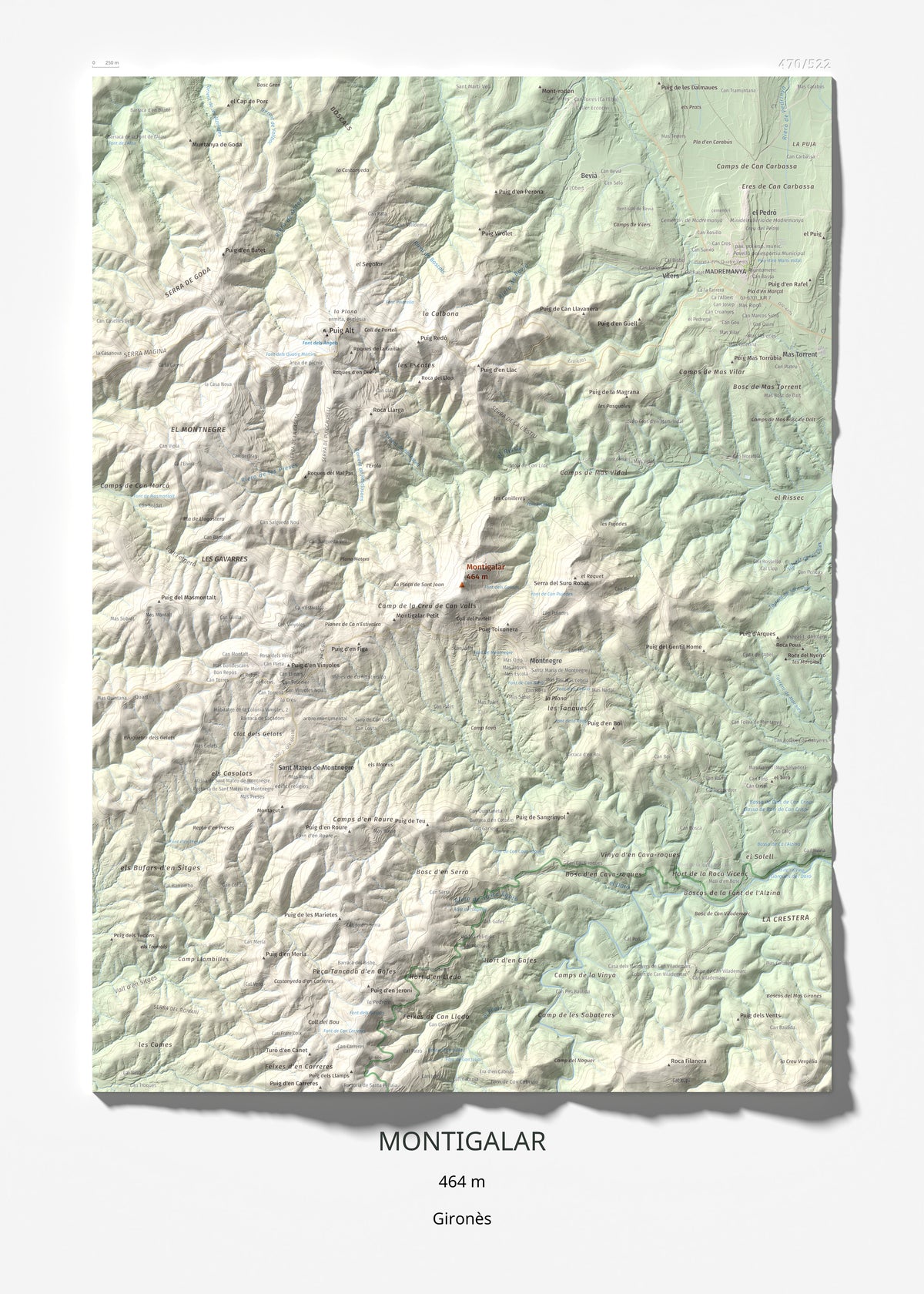 Mapa de relieve de Montigalar, 464 m, Gironès, lámina 100 Cims de Trobart 50 × 70 cm.