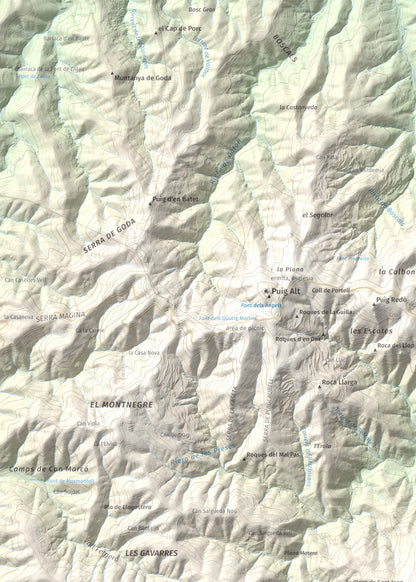 Mapa de relieve de Montigalar, 464 m, Gironès, lámina 100 Cims de Trobart. Detalle de la zona superior izquierda. 50 × 70 cm.