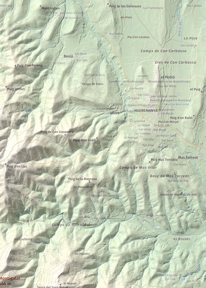 Mapa de relieve de Montigalar, 464 m, Gironès, lámina 100 Cims de Trobart. Detalle de la zona superior derecha. 50 × 70 cm.