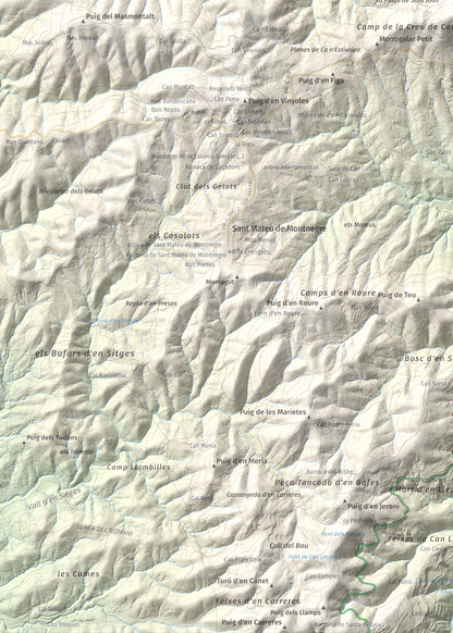 Mapa de relieve de Montigalar, 464 m, Gironès, lámina 100 Cims de Trobart. Detalle de la zona inferior izquierda. 50 × 70 cm.
