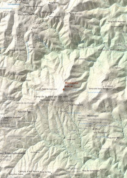 Mapa de relieve de Montigalar, 464 m, Gironès, lámina 100 Cims de Trobart. Detalle de la zona central. 50 × 70 cm.