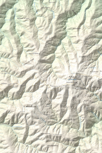 Mapa de relieve de Montigalar, 464 m, Gironès, lámina 100 Cims de Trobart. Detalle de la zona superior izquierda. 61 × 91 cm.