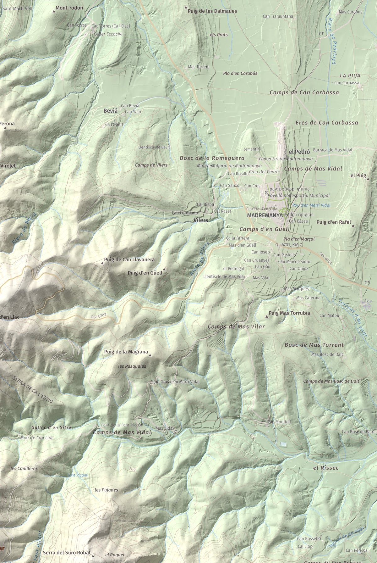 Mapa de relieve de Montigalar, 464 m, Gironès, lámina 100 Cims de Trobart. Detalle de la zona superior derecha. 61 × 91 cm.