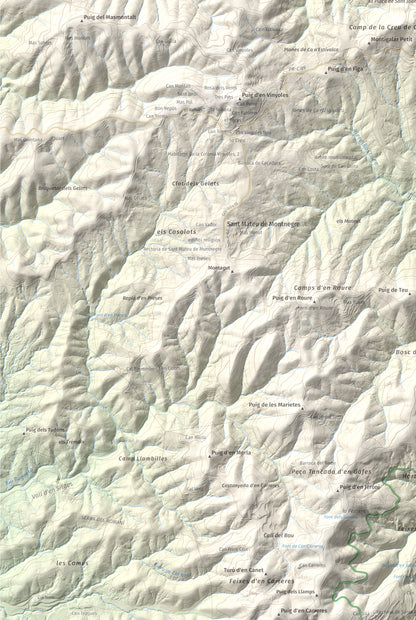 Mapa de relieve de Montigalar, 464 m, Gironès, lámina 100 Cims de Trobart. Detalle de la zona inferior izquierda. 61 × 91 cm.