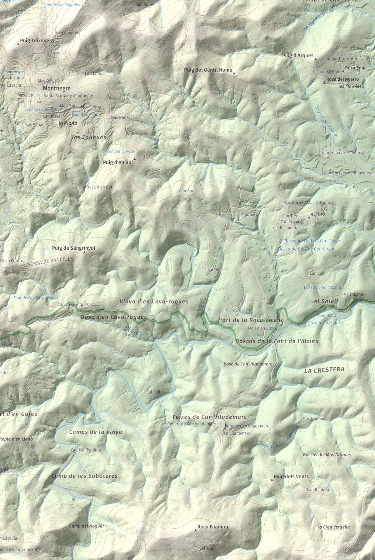 Mapa de relieve de Montigalar, 464 m, Gironès, lámina 100 Cims de Trobart. Detalle de la zona inferior derecha. 61 × 91 cm.