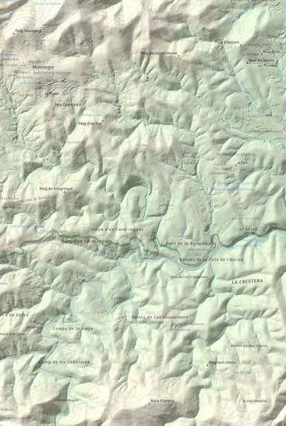 Mapa de relieve de Montigalar, 464 m, Gironès, lámina 100 Cims de Trobart. Detalle de la zona inferior derecha. 61 × 91 cm.