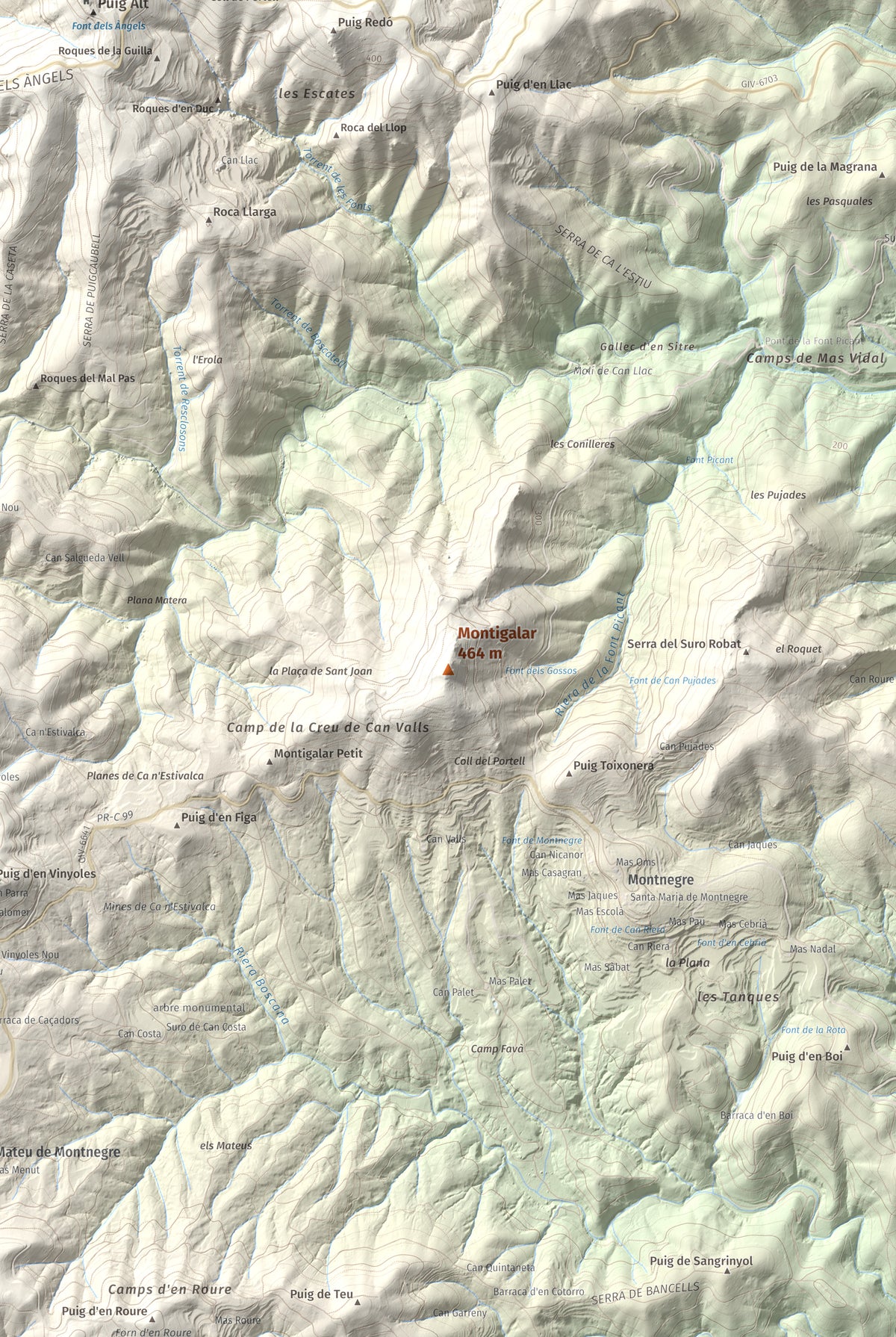 Mapa de relieve de Montigalar, 464 m, Gironès, lámina 100 Cims de Trobart. Detalle de la zona central. 61 × 91 cm.