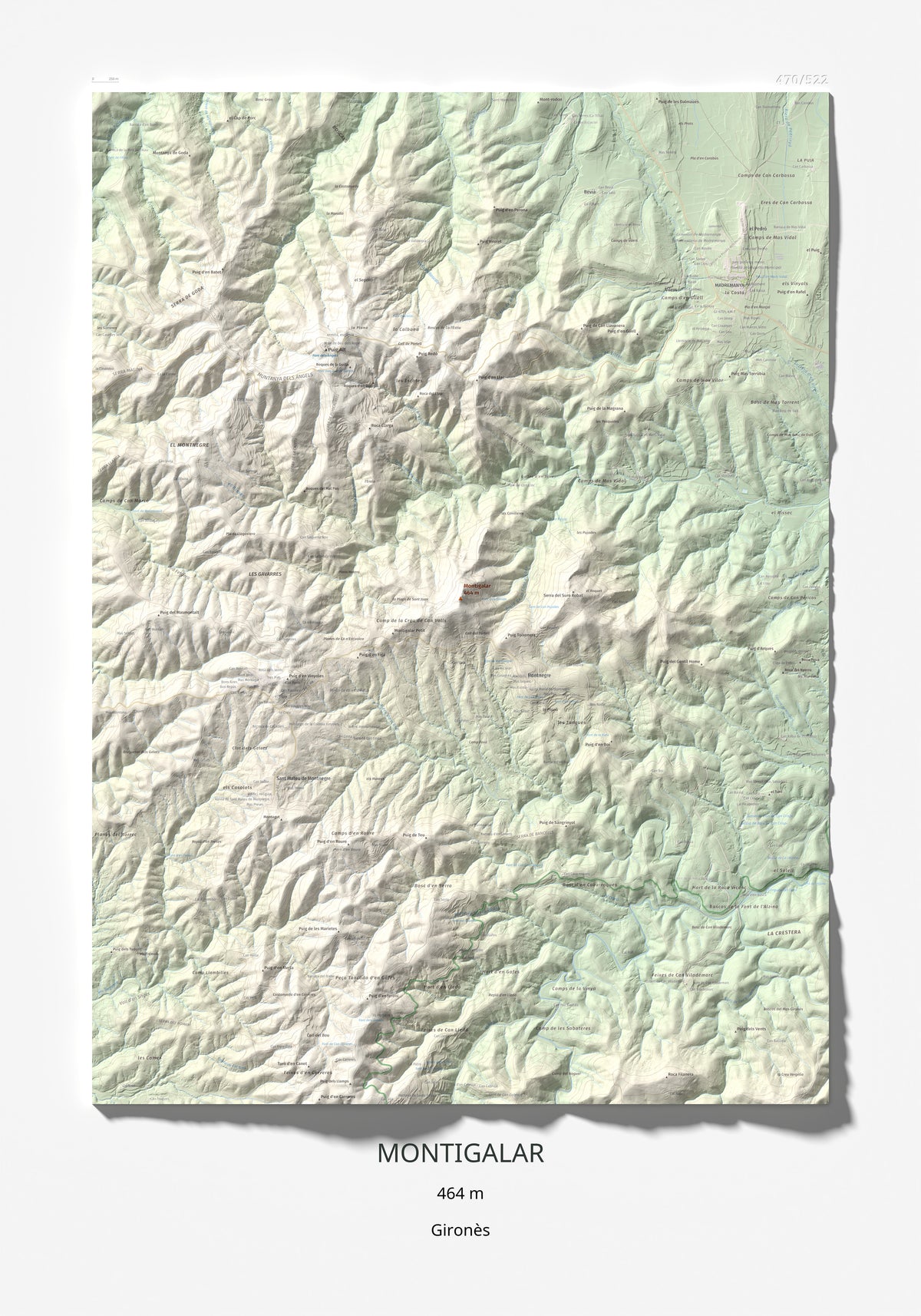 Mapa de relieve de Montigalar, 464 m, Gironès, lámina 100 Cims de Trobart 70 × 100 cm.
