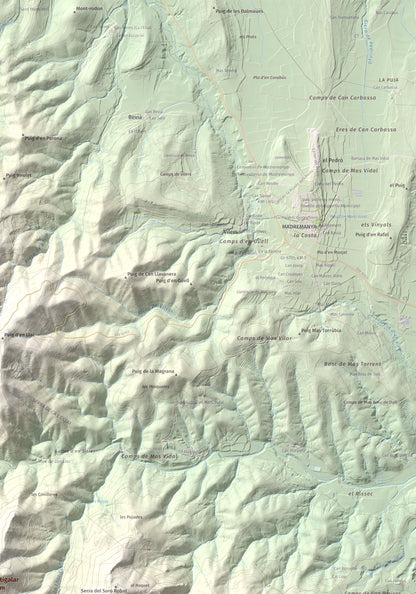 Mapa de relieve de Montigalar, 464 m, Gironès, lámina 100 Cims de Trobart. Detalle de la zona superior derecha. 70 × 100 cm.