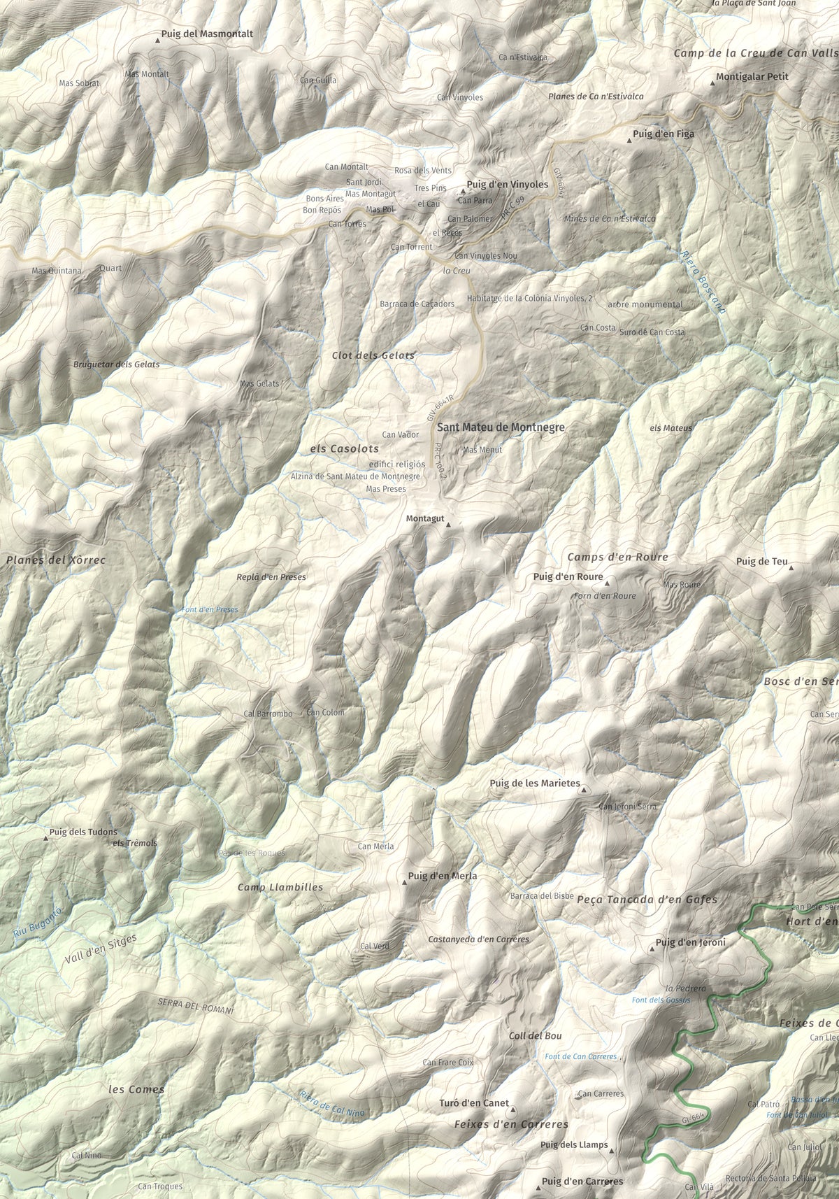 Mapa de relieve de Montigalar, 464 m, Gironès, lámina 100 Cims de Trobart. Detalle de la zona inferior izquierda. 70 × 100 cm.
