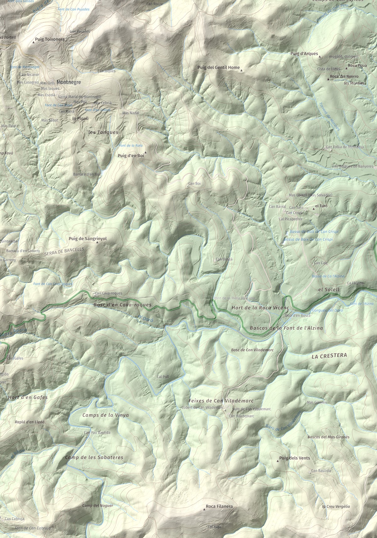 Mapa de relieve de Montigalar, 464 m, Gironès, lámina 100 Cims de Trobart. Detalle de la zona inferior derecha. 70 × 100 cm.