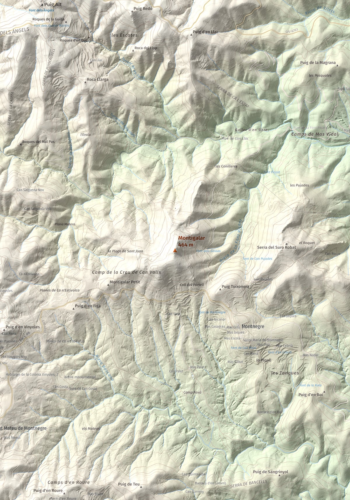 Mapa de relieve de Montigalar, 464 m, Gironès, lámina 100 Cims de Trobart. Detalle de la zona central. 70 × 100 cm.