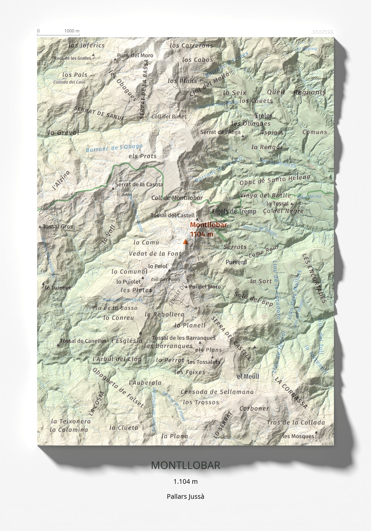 Mapa de relieve de Montllobar, 1104 m, Pallars Jussà, lámina 100 Cims de Trobart 21 × 30 cm.