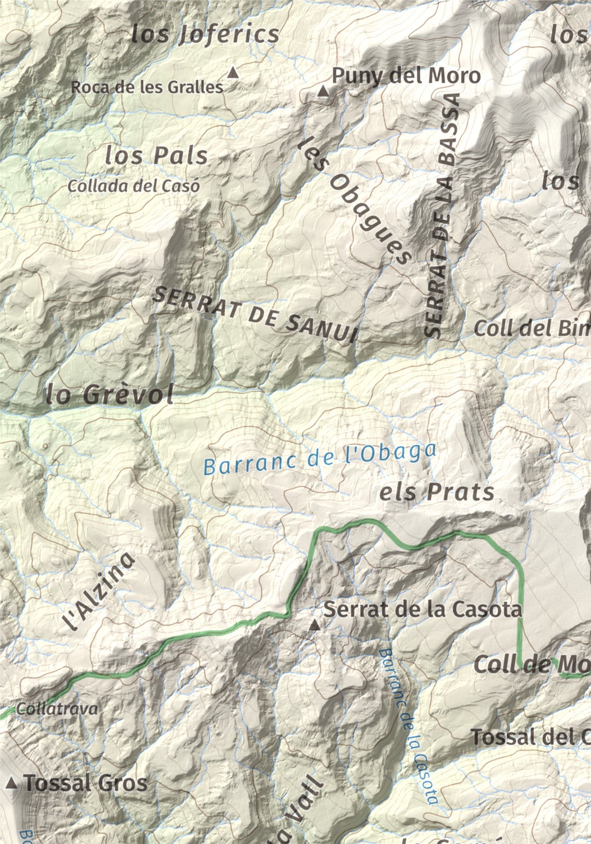 Mapa de relieve de Montllobar, 1104 m, Pallars Jussà, lámina 100 Cims de Trobart. Detalle de la zona superior izquierda. 21 × 30 cm.