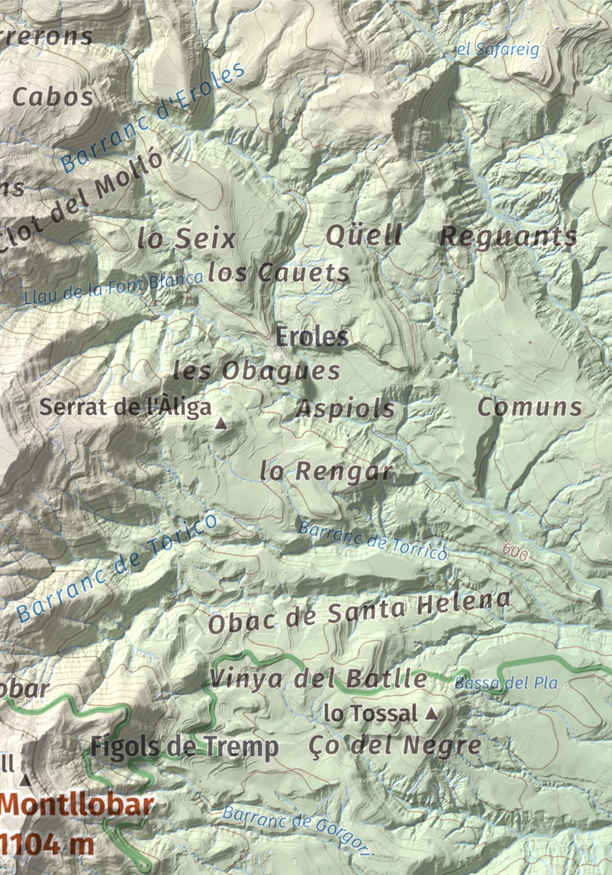 Mapa de relieve de Montllobar, 1104 m, Pallars Jussà, lámina 100 Cims de Trobart. Detalle de la zona superior derecha. 21 × 30 cm.