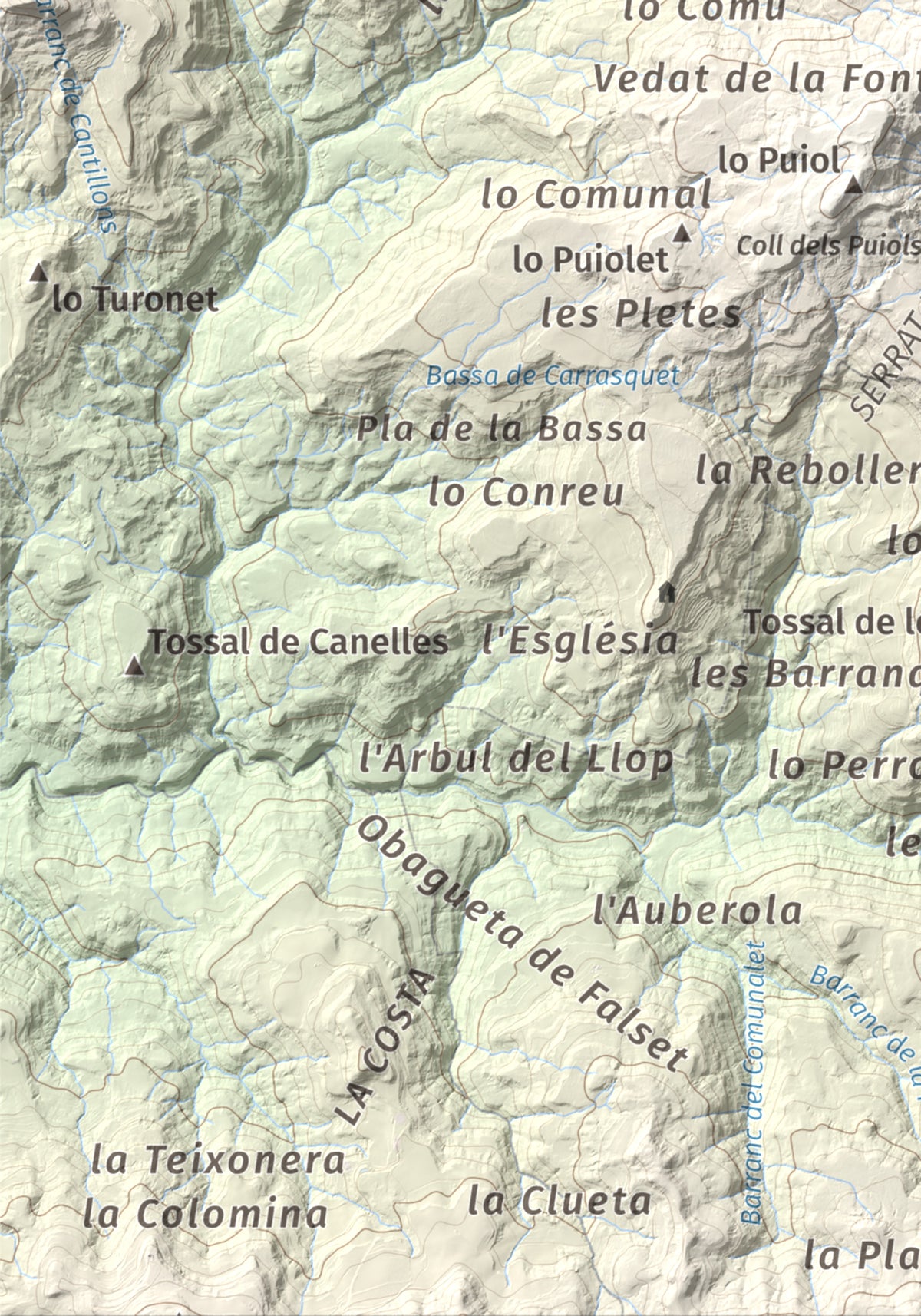Mapa de relieve de Montllobar, 1104 m, Pallars Jussà, lámina 100 Cims de Trobart. Detalle de la zona inferior izquierda. 21 × 30 cm.