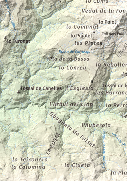 Mapa de relieve de Montllobar, 1104 m, Pallars Jussà, lámina 100 Cims de Trobart. Detalle de la zona inferior izquierda. 21 × 30 cm.
