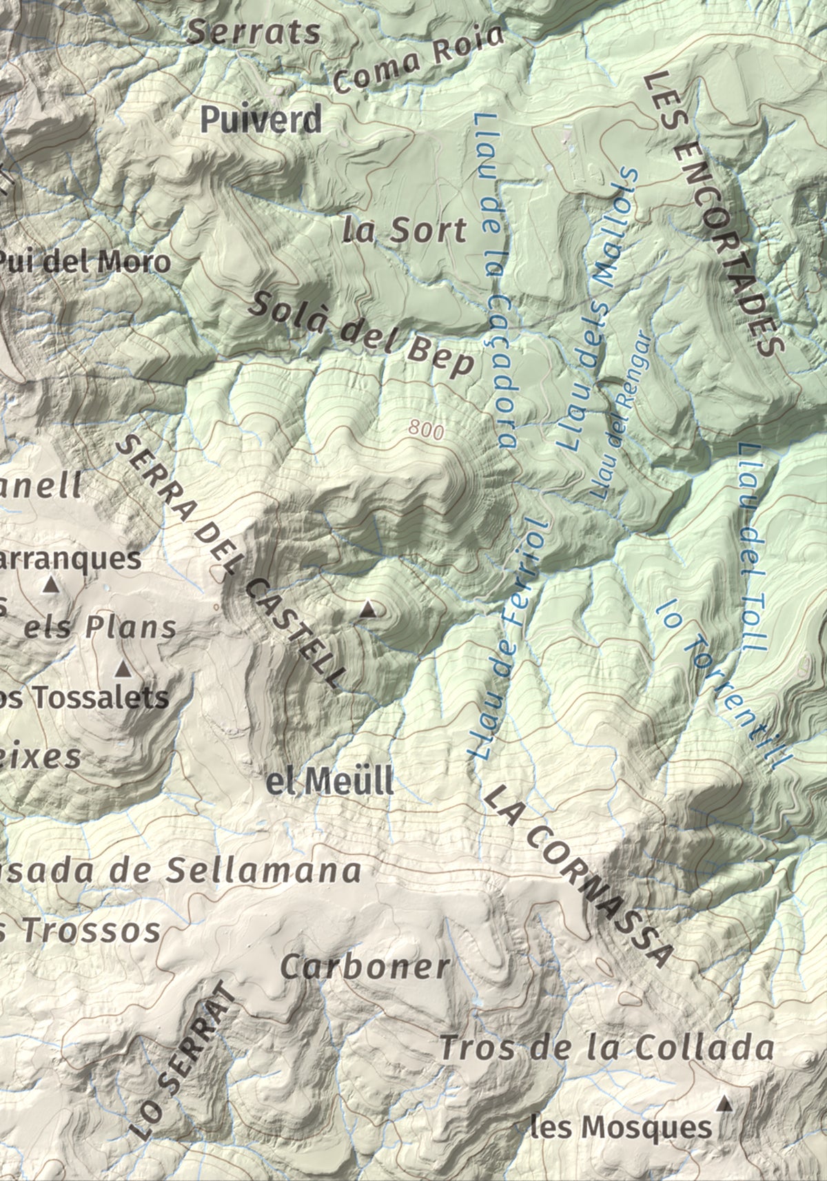 Mapa de relieve de Montllobar, 1104 m, Pallars Jussà, lámina 100 Cims de Trobart. Detalle de la zona inferior derecha. 21 × 30 cm.