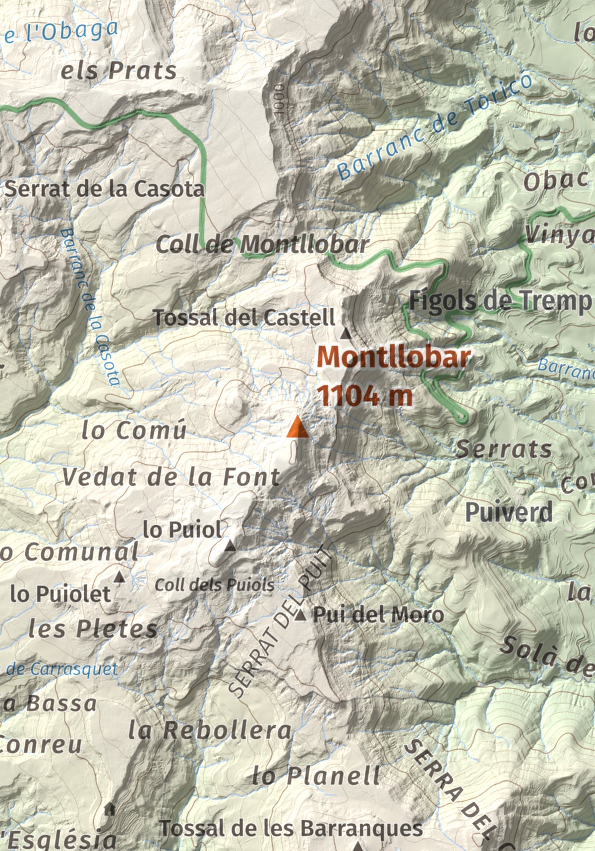 Mapa de relieve de Montllobar, 1104 m, Pallars Jussà, lámina 100 Cims de Trobart. Detalle de la zona central. 21 × 30 cm.