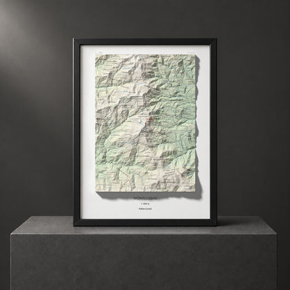 Mapa de relieve de Montllobar, 1104 m, Pallars Jussà, lámina 100 Cims de Trobart. Presentación enmarcada. 30 × 40 cm.