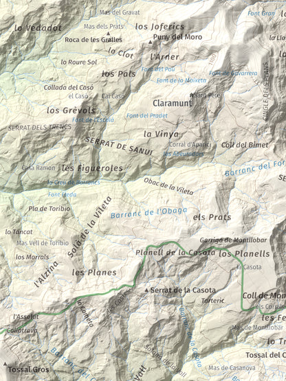 Mapa de relieve de Montllobar, 1104 m, Pallars Jussà, lámina 100 Cims de Trobart. Detalle de la zona superior izquierda. 30 × 40 cm.