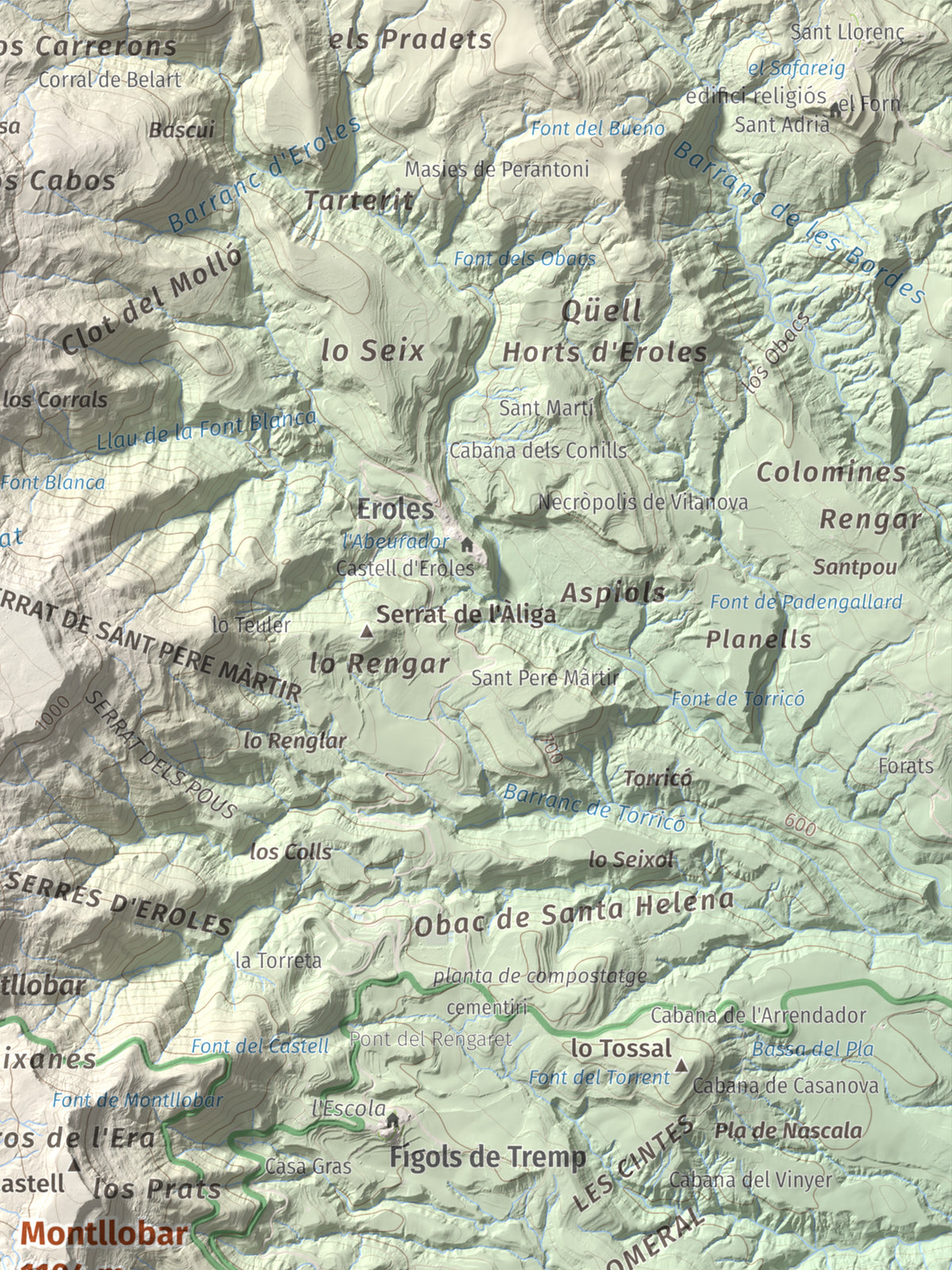 Mapa de relieve de Montllobar, 1104 m, Pallars Jussà, lámina 100 Cims de Trobart. Detalle de la zona superior derecha. 30 × 40 cm.