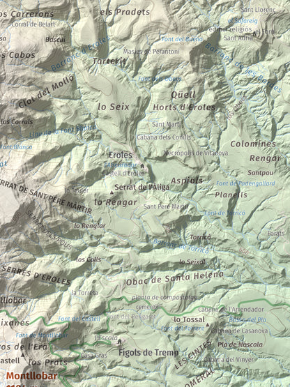 Mapa de relieve de Montllobar, 1104 m, Pallars Jussà, lámina 100 Cims de Trobart. Detalle de la zona superior derecha. 30 × 40 cm.