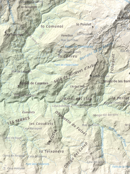 Mapa de relieve de Montllobar, 1104 m, Pallars Jussà, lámina 100 Cims de Trobart. Detalle de la zona inferior izquierda. 30 × 40 cm.