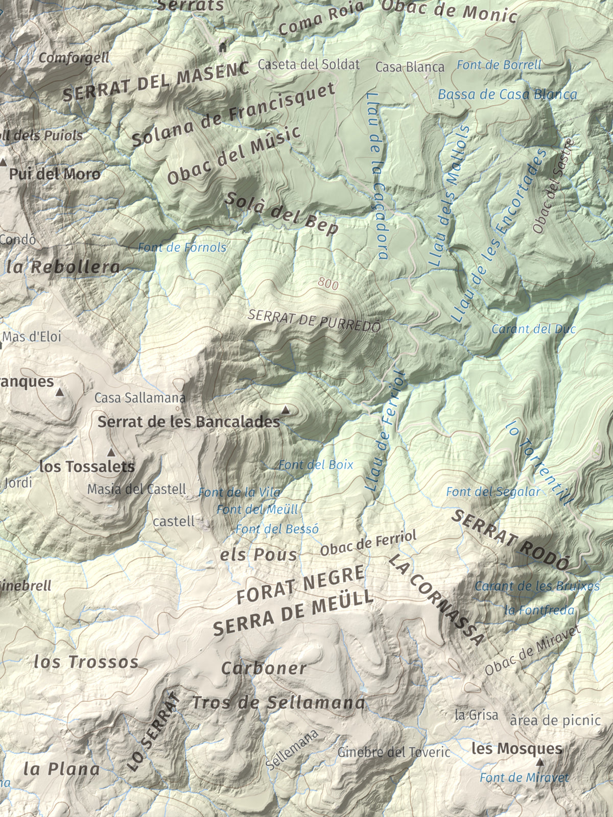 Mapa de relieve de Montllobar, 1104 m, Pallars Jussà, lámina 100 Cims de Trobart. Detalle de la zona inferior derecha. 30 × 40 cm.