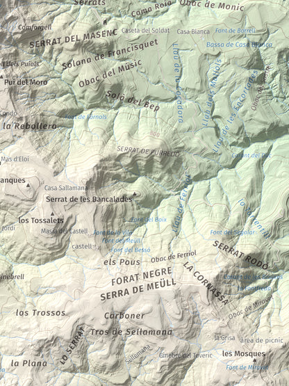 Mapa de relieve de Montllobar, 1104 m, Pallars Jussà, lámina 100 Cims de Trobart. Detalle de la zona inferior derecha. 30 × 40 cm.